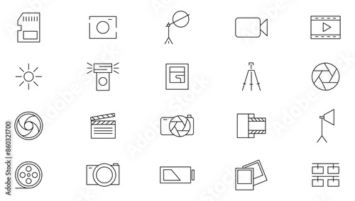 Photography linear icon set. Camera, photo, photographer, studio light, film cameras and photoshoot outline icon collection. UI thin outline icons pack.