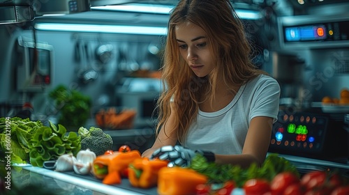 A woman is looking at a vegetable display in a kitchen © Jūlija