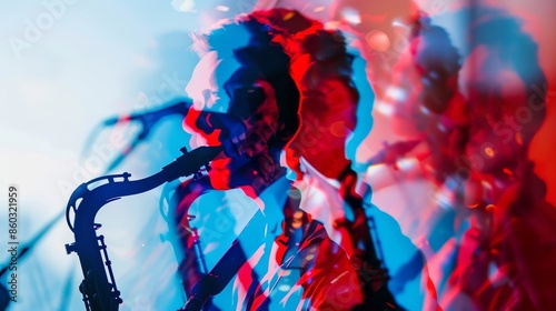 Vibrant Digital Double Exposure Image of Musicians with Red,White,and Blue Party-Themed Abstract Background and Copy Space photo