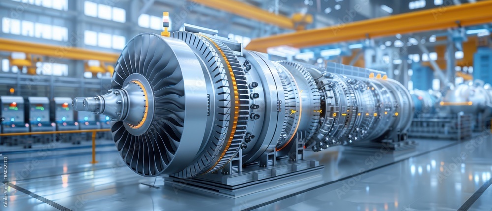 Industrial gas turbine engine in a factory setting. High-tech engineering equipment used for power generation and mechanical applications. Industrial gas turbine engine in a factory setting. High-tech engineering equipment used for power generation and mechanical applications.