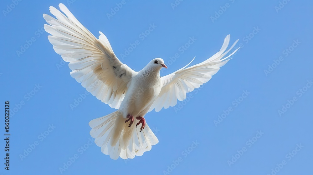 Obraz premium majestic white dove soaring freely against clear blue sky isolated stock photo