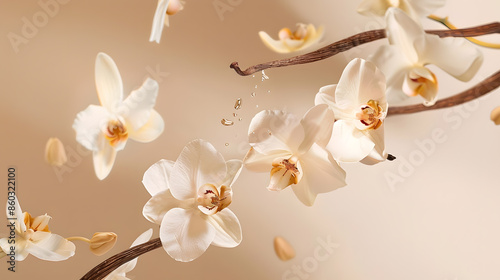 Flying vanilla sticks and orchid flowers on beige background : Generative AI