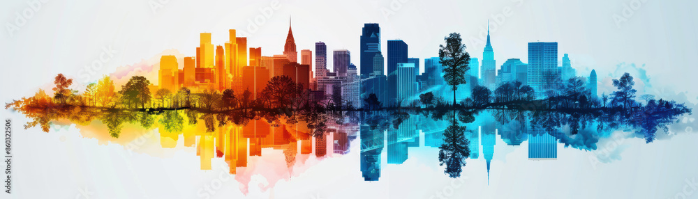 Obraz premium A city skyline is reflected in a body of water