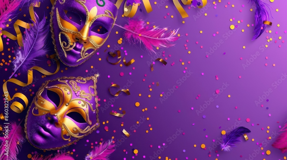 mardi gras carnival poster venetian masquerade decorations masks confetti feathers on purple background costume party flyer template digital illustration mardi gras carnival poster venetian masquerade decorations masks confetti feathers on purple background costume party flyer template digital illustration
