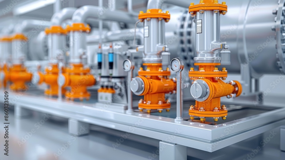 Close-up of industrial pipeline system with orange valves and gauges, showcasing modern engineering and technology apparatus in a factory setting. Close-up of industrial pipeline system with orange valves and gauges, showcasing modern engineering and technology apparatus in a factory setting.