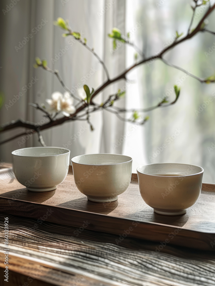 Three ceramic cups on a wooden tray with a blooming branch nearby. Three ceramic cups on a wooden tray with a blooming branch nearby.