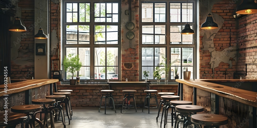 Empty industrialstyle bar with brick walls wooden tables bar stools and large windows. Concept Industrial Decor, Brick Walls, Wooden Furniture, Bar Stools, Large Windows Empty industrialstyle bar with brick walls wooden tables bar stools and large windows. Concept Industrial Decor, Brick Walls, Wooden Furniture, Bar Stools, Large Windows