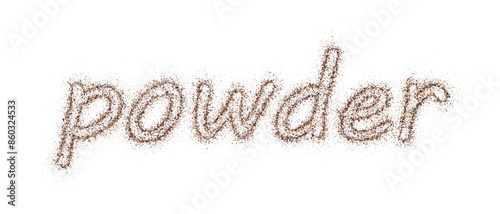 Word powder consists of particles ground from cocoa or coffee, flying dust pieces. Coffee colored dust grain texture isolated on white background. Vector crushed granules of sand brown cane sugar