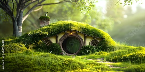 3D Rendering of a Hobbit House in a Moss-Covered Setting. Concept Hobbit House, 3D Rendering, Moss-Covered Setting