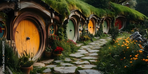 Charming Hobbit Homes in a Quaint Village. Concept Hobbit Homes, Quaint Village, Charming Architecture, Nature Inspired, Cozy Dwellings © Anastasiia