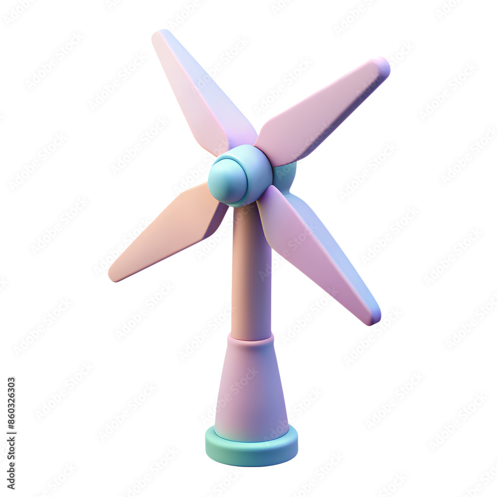 Colorful 3D illustration of a pastel-shaded wind turbine symbolizing renewable energy and sustainability with a minimalist aesthetic.