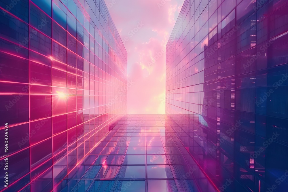 Futuristic cityscape with glass buildings and vibrant pink and blue lights reflecting the skyline at sunset, creating a modern urban atmosphere. Futuristic cityscape with glass buildings and vibrant pink and blue lights reflecting the skyline at sunset, creating a modern urban atmosphere.
