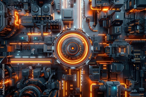 Futuristic cityscape with glowing orange and blue lights, showcasing advanced technology and intricate infrastructure, top-down view.