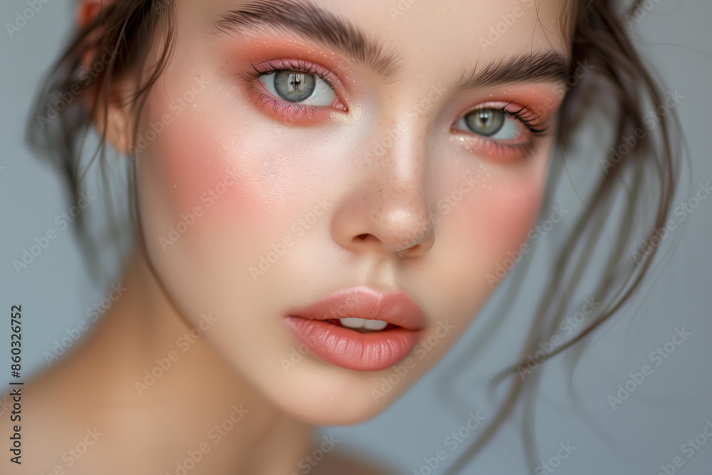 Close up of a woman with trendy natural makeup, pink blush on her cheeks and nose, peach eyeshadow on a grey background, beautiful eyes, skin, beauty Close up of a woman with trendy natural makeup, pink blush on her cheeks and nose, peach eyeshadow on a grey background, beautiful eyes, skin, beauty