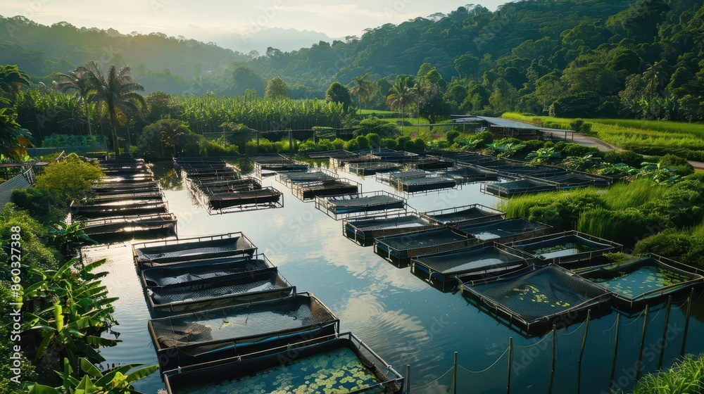 modern aquaculture farm with rows of sustainable fish tanks nestled in lush green surroundings showcasing ecofriendly fish farming practices modern aquaculture farm with rows of sustainable fish tanks nestled in lush green surroundings showcasing ecofriendly fish farming practices