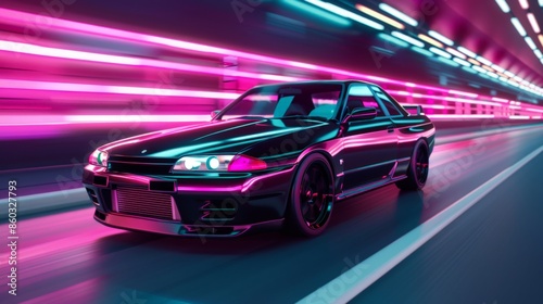Sleek Sports Car Speeding Through Neon-Lit Tunnel at Night