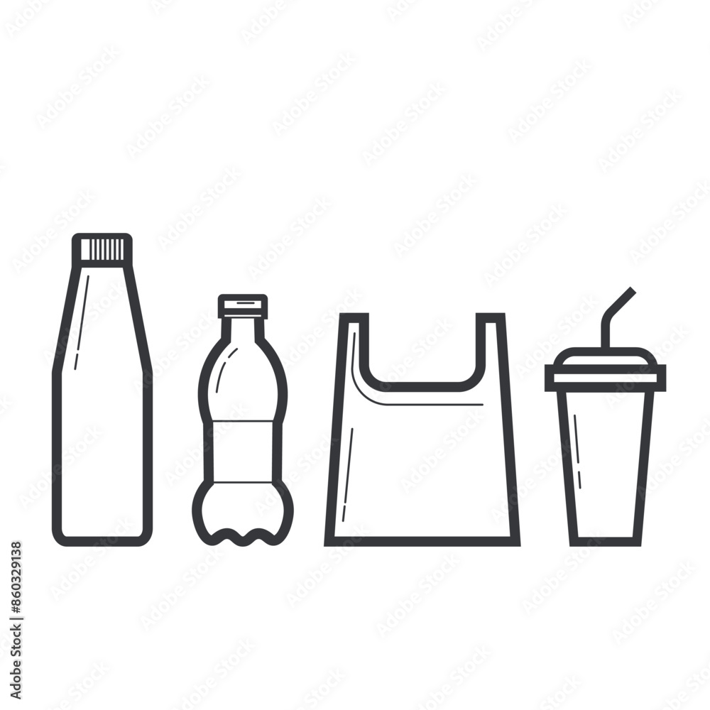 Bundle set of plastic bag, cup, bottle icon for waste recycle symbol and sign Bundle set of plastic bag, cup, bottle icon for waste recycle symbol and sign