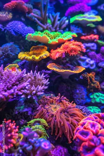 A coral reef scene with tips of corals glowing, representing the illumination and diversity of creative ecosystems.