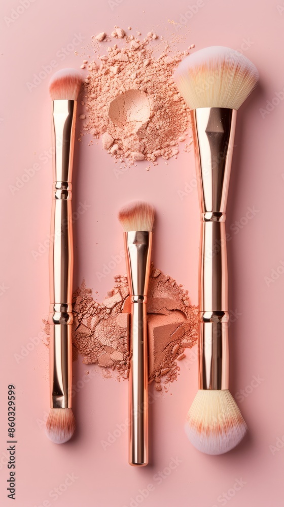 Creative flat lay composition with professional makeup brushes and powder on pink background. Top view Creative flat lay composition with professional makeup brushes and powder on pink background. Top view