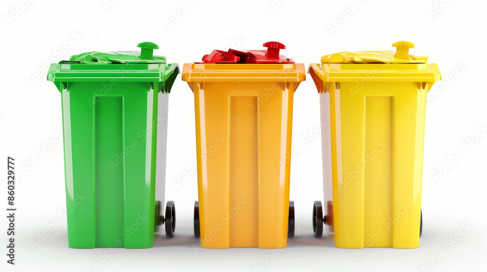 Trash Receptacles: Containers for collecting and storing waste and garbage isolated on white background Trash Receptacles: Containers for collecting and storing waste and garbage isolated on white background
