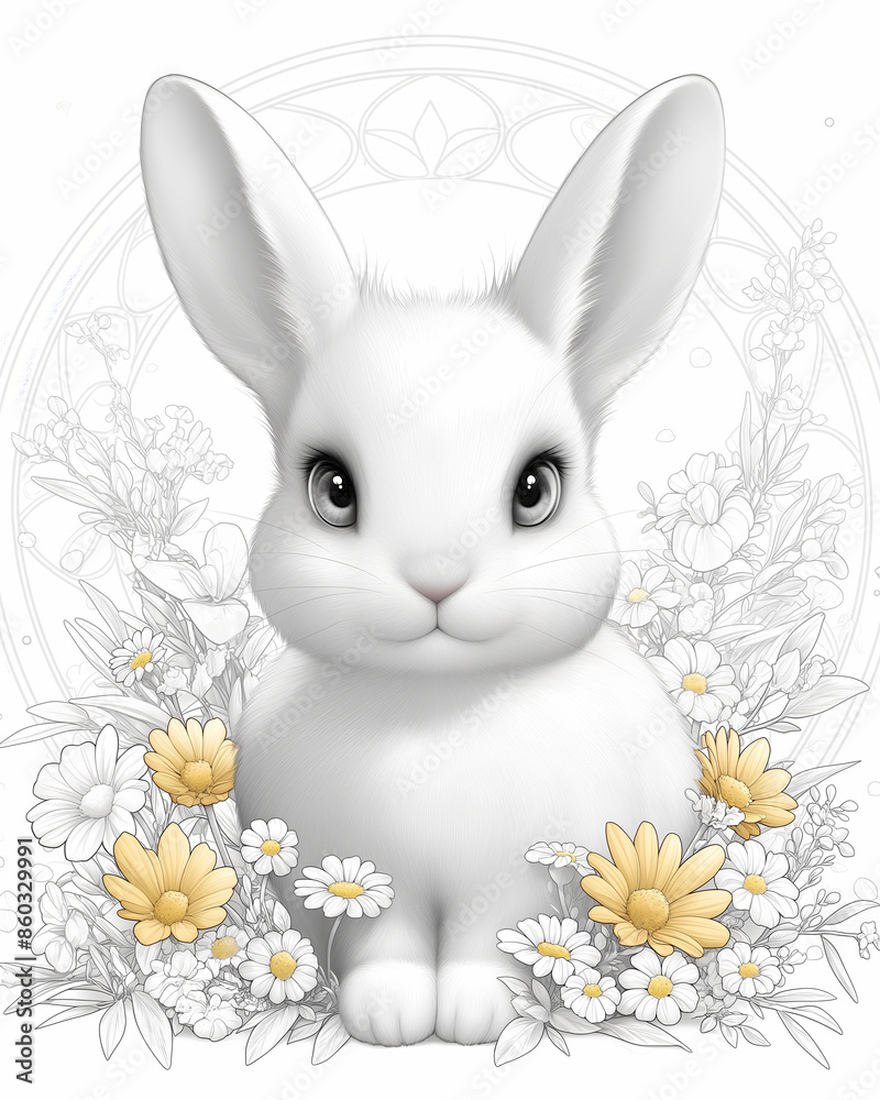 Obraz premium White Rabbit Surrounded by Flowers.