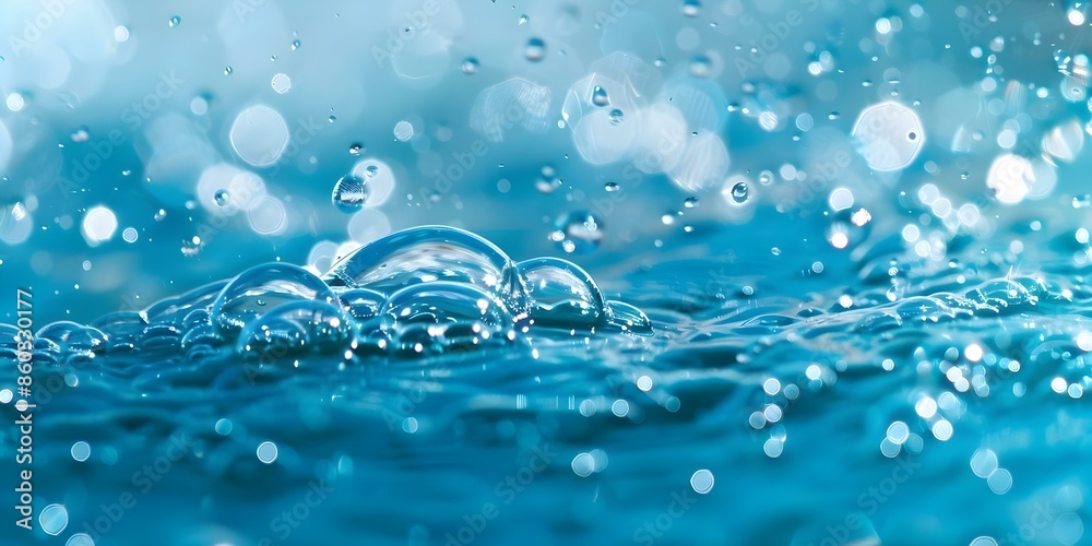 Serene Closeup Small Bubbles on Bright Blue Water Surface. Concept Macro Photography, Close-Up Shots, Water Bubbles, Serene Moments, Blue Textures Serene Closeup Small Bubbles on Bright Blue Water Surface. Concept Macro Photography, Close-Up Shots, Water Bubbles, Serene Moments, Blue Textures