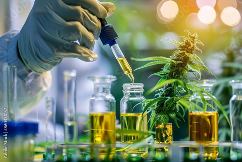 science behind hemp CBD oil production, researchers or scientists in laboratory setting, conducting experiment studies related to cannabinoid  extraction and formulation, medical marijuana research