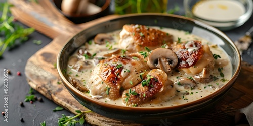 Serving gourmet chicken fricassee in creamy white wine sauce with mushrooms on a table. Concept Gourmet Cuisine, Chicken Fricassee, Creamy White Wine Sauce, Mushrooms, Table Setting