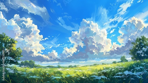 Breathtaking anime-style landscape featuring a wide,lush scene with a pure blue sky,big puffy clouds,and shimmering sunlight casting a warm,ethereal glow over the grassy meadow.