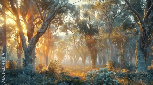 mystical acacia and eucalyptus forest at sunset enchanting 3d rendering