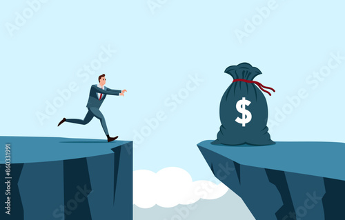 A businessman is running with greed towards a cliff to get a bag of money. Money trap to fool greedy people. Fraud, danger, or threat to the victim. Concept of financial or investment problems