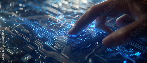 A close-up of a finger activating an illuminated blue circuit on a futuristic-looking circuit board, capturing the essence of high-tech innovation.