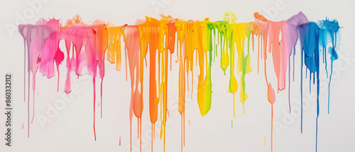 Vivid, multicolored paint drips against a white backdrop create a dynamic, rainbow-like abstract artwork.