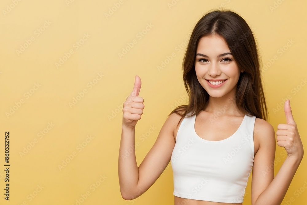 Happy young woman giving a thumbs up, smiling and looking at the camera, isolated on yellow background with copy space. Happy young woman giving a thumbs up, smiling and looking at the camera, isolated on yellow background with copy space.
