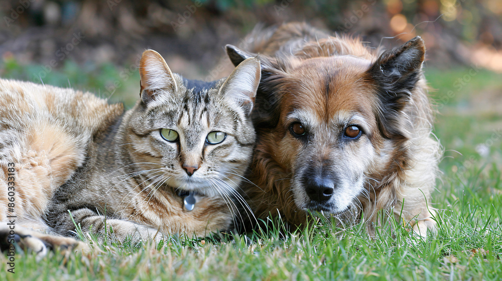 A cute couple of furry friends little cat and a little dog playing together in the garden on a beautiful sunny day A cute couple of furry friends little cat and a little dog playing together in the garden on a beautiful sunny day
