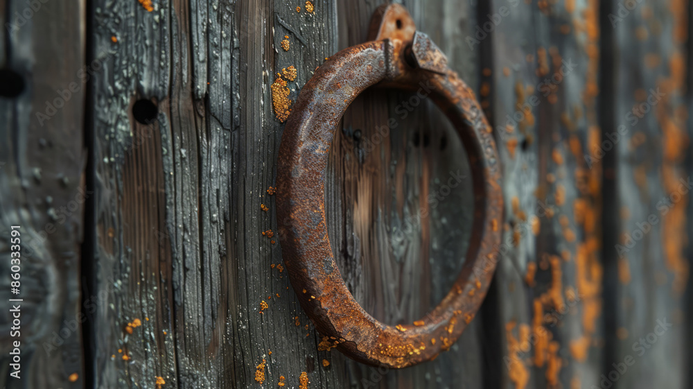 Rusty metal ring on a weathered wooden wall with peeling paint. Rusty metal ring on a weathered wooden wall with peeling paint.