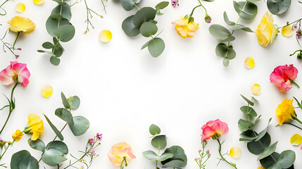Flowers composition Round frame made of yellow and pink flowers eucalyptus branches on white background Flat lay top view copy space : Generative AI