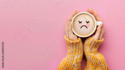 A woman hands holding a cup of coffee with a sad face emoji on a pink background with copu space for text bad emotions morning mood. photo