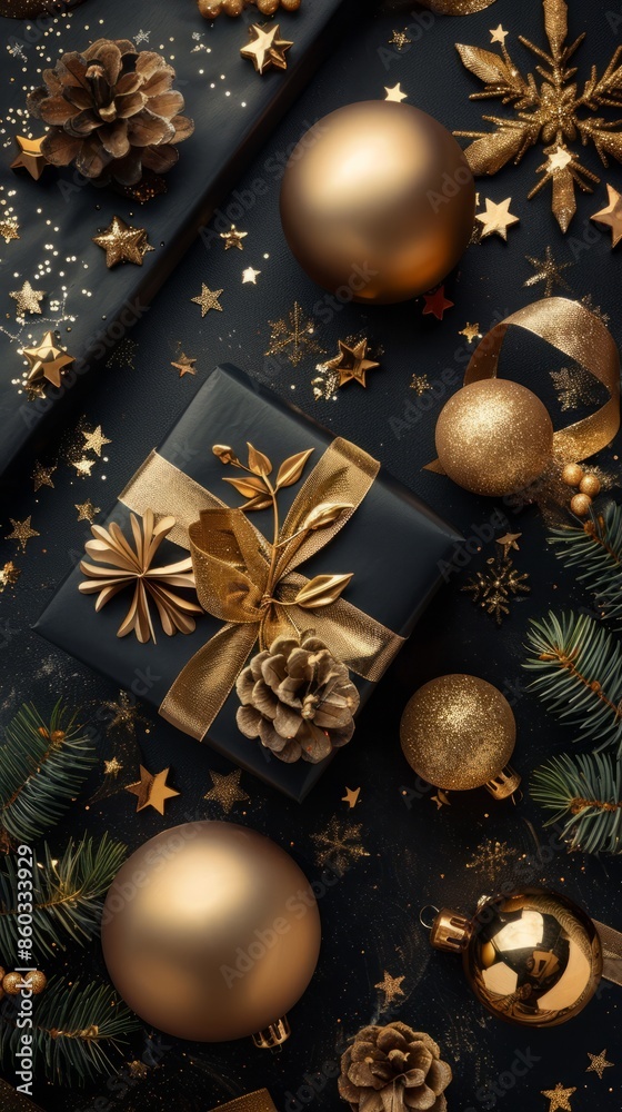 Dark Christmas background with luxury gift box, golden balls and decorations. Flat lay, top view, overhead. Christmas sale banner mockup, New Year postcard template Dark Christmas background with luxury gift box, golden balls and decorations. Flat lay, top view, overhead. Christmas sale banner mockup, New Year postcard template