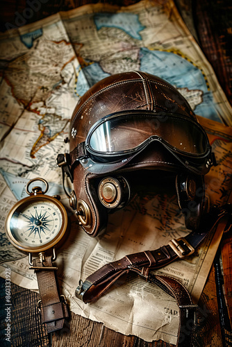 A set of vintage aviator gear, including a leather helmet, goggles, and compass, placed on an old world map.
