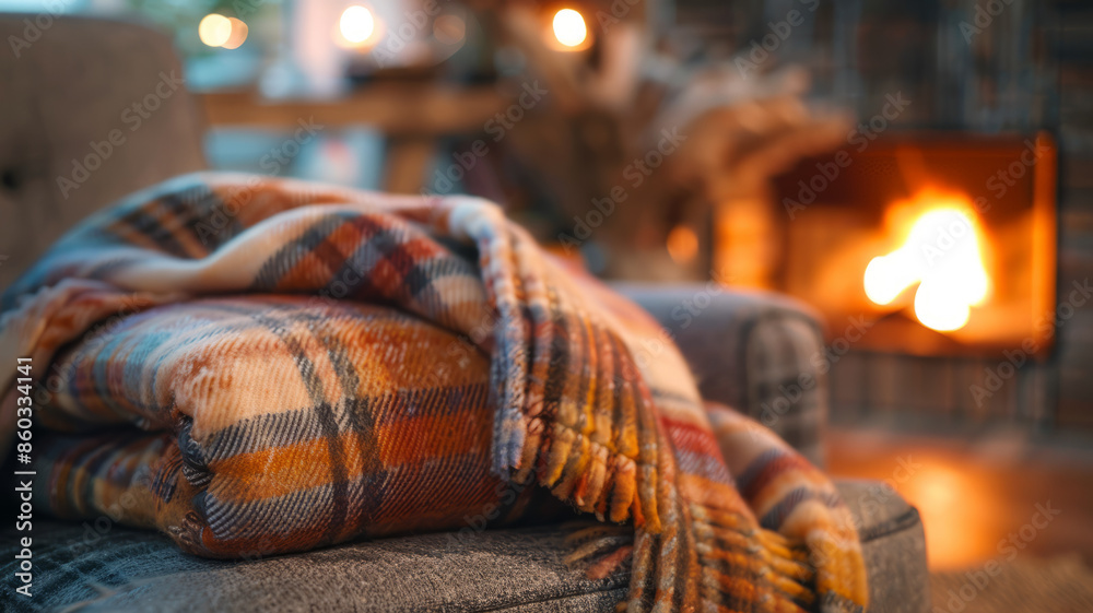 Plaid blanket on a chair by a warm fireplace, creating a cozy scene. Plaid blanket on a chair by a warm fireplace, creating a cozy scene.