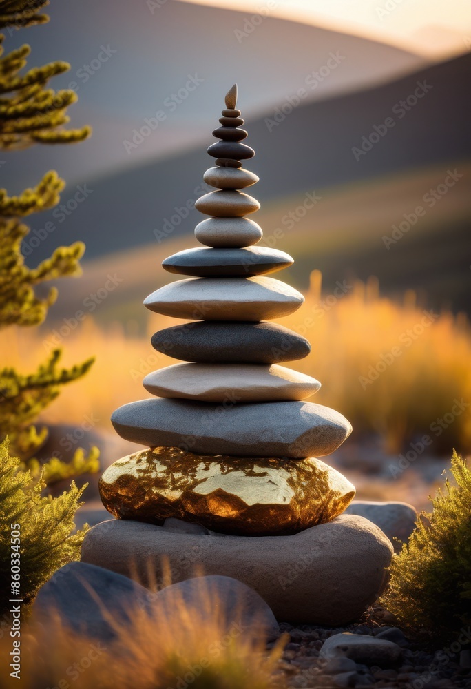 Obraz premium balanced stone stack zen cairn sculpture nature, art, harmony, meditation, rock, arrangement, equilibrium, calm, serene, outdoors, natural, stacked, pebbles