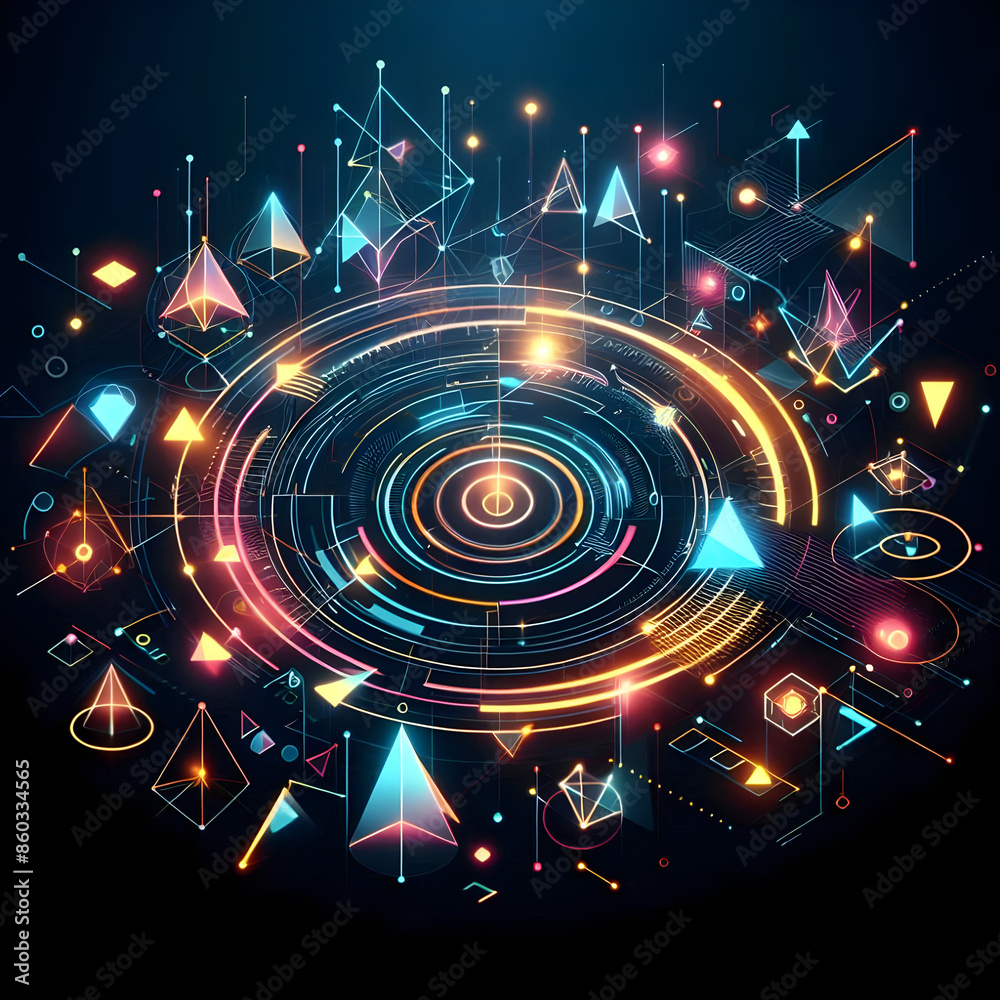 Obraz premium Dynamic pattern with neon geometric shapes. AI Generated
