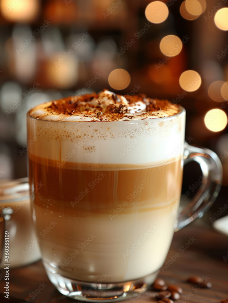 A frothy latte with chocolate garnish and bokeh background. A frothy latte with chocolate garnish and bokeh background.
