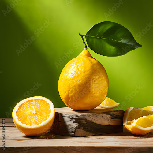 summer citrus scene focus on a ripe lemon with glossy texture and pitted surface perched on a podium photo