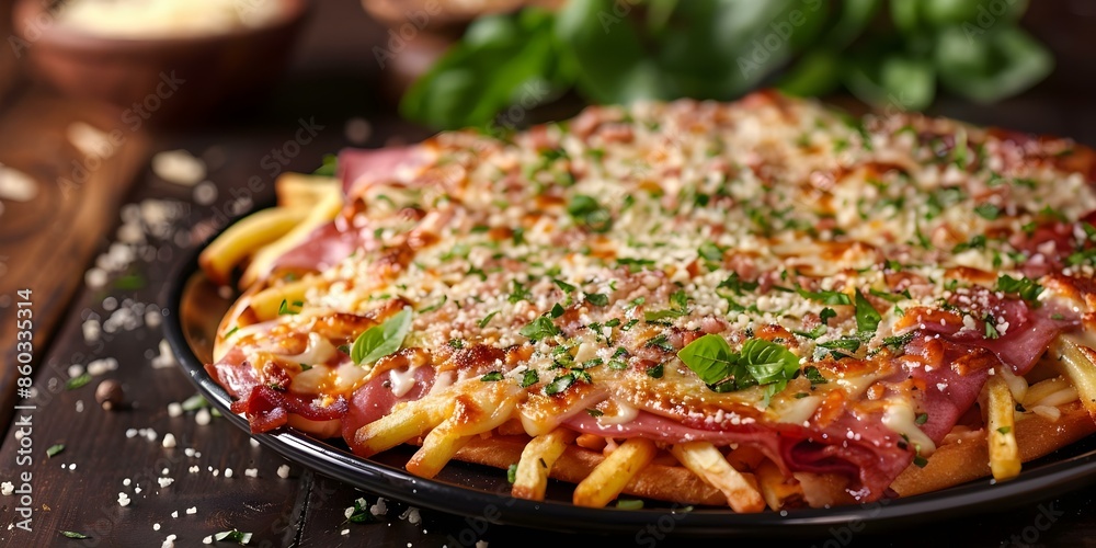 Classic Milanesa Dish with Ham, Cheese, Herbs, and Golden Fries in Professional Photograph with Copy Space and Selective Focus. Concept Food Photography, Milanesa Dish, Golden Fries, Copy Space Classic Milanesa Dish with Ham, Cheese, Herbs, and Golden Fries in Professional Photograph with Copy Space and Selective Focus. Concept Food Photography, Milanesa Dish, Golden Fries, Copy Space