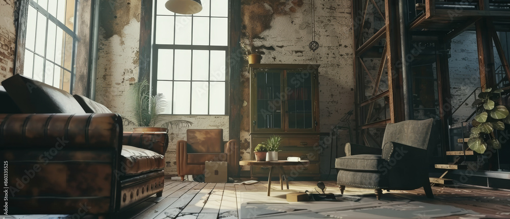A rustic-industrial living room with large windows, eclectic furniture, and warm daylight creating a serene atmosphere. A rustic-industrial living room with large windows, eclectic furniture, and warm daylight creating a serene atmosphere.