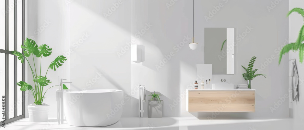 Fototapeta premium A modern bathroom with twin sinks, ample natural light, and abundant greenery, creating a fresh, airy, and relaxing environment.