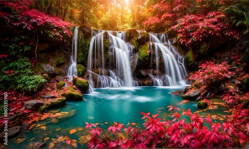 Fantasy waterfall with autumn trees and beautiful flowers, idyllic landscape