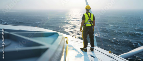 A worker in safety gear stands on a ship, observing the vast ocean and a wind turbine, symbolizing the blend of human effort and renewable energy. photo